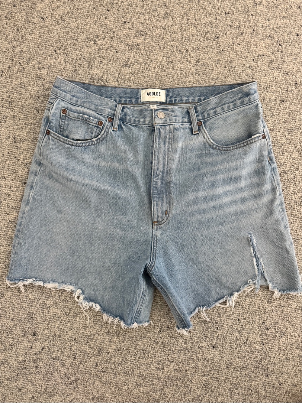 Agolde Light Blue Frayed Hem High-Rise Denim Shorts